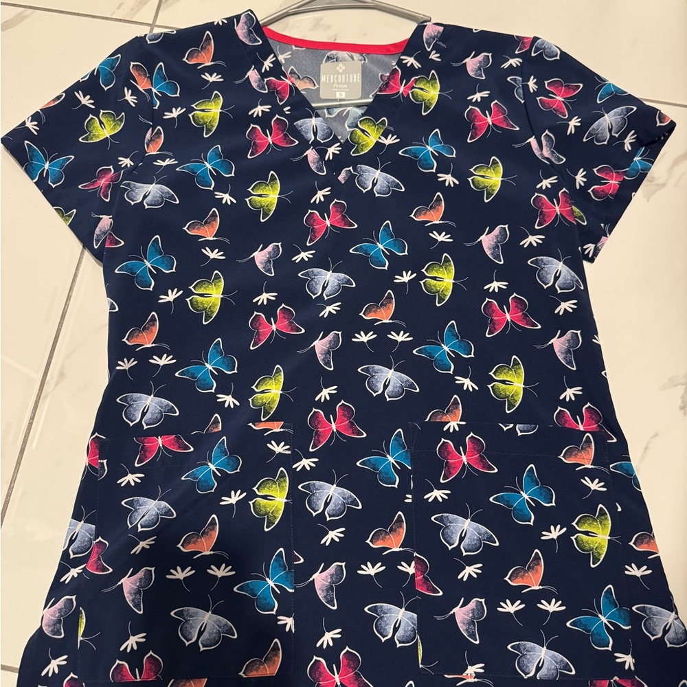 Med Couture Navy Top with Butterfly Print